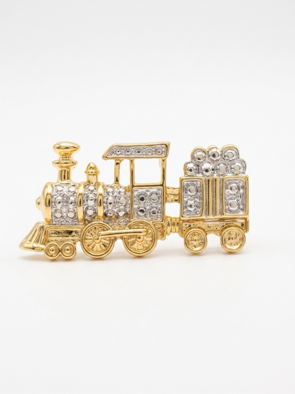 Gold and Silver Train Brooch 80’s with Rynestones